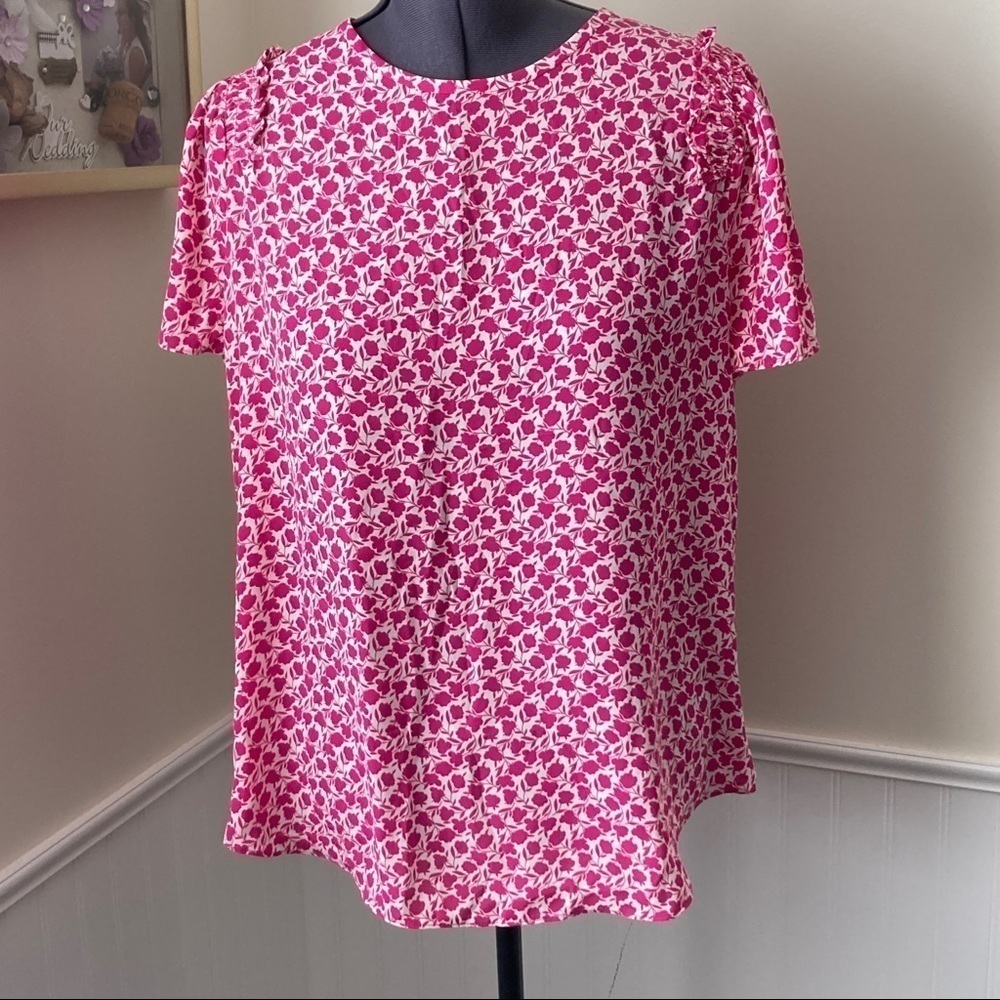 ANN TAYLOR Floral Print Blouse Pink White Short Sleeve Sz S EUC